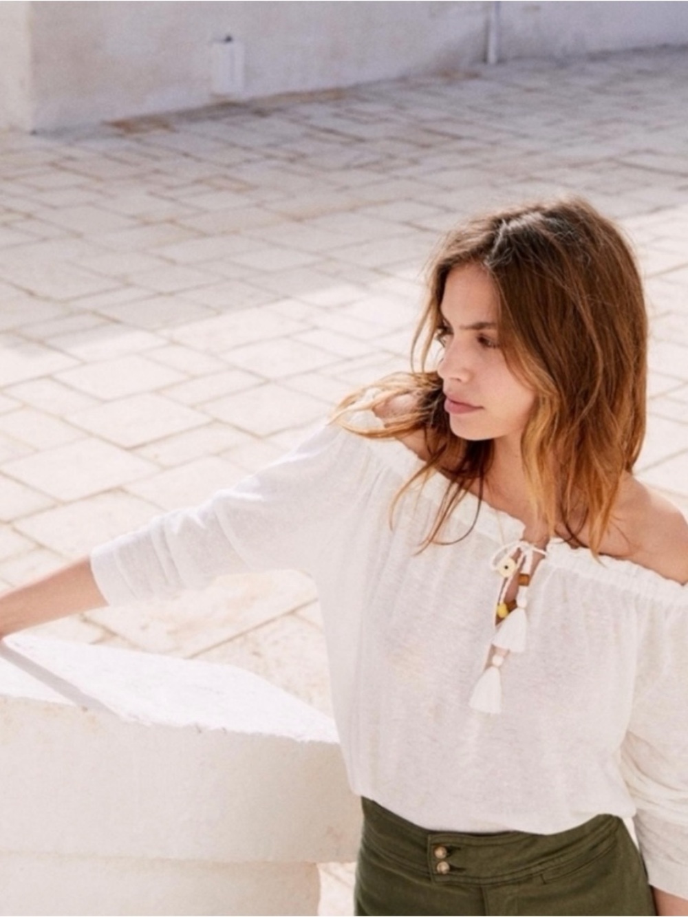 Sézane White Off-Shoulder Top with Tassel